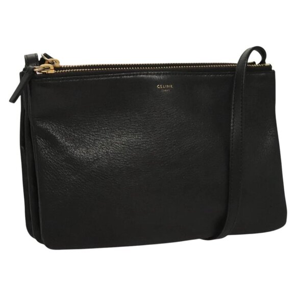 CELINE Trio bag Shoulder Bag Leather Black Gold